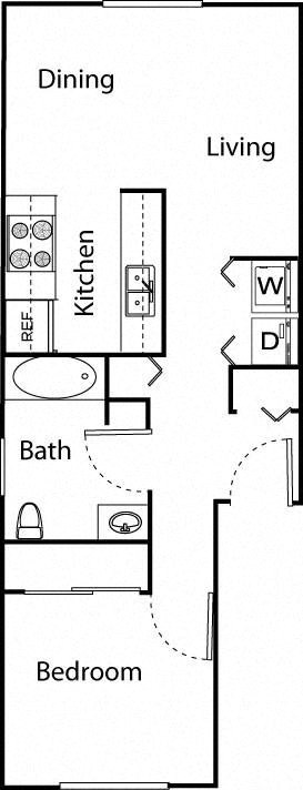 Floor plan for 1 bed, 1 bath, 582 sqft